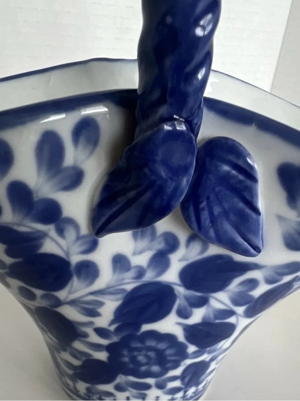Vintage Blue White Porcelain Basket Floral Ceramic Twisted Handle Applied Leaves